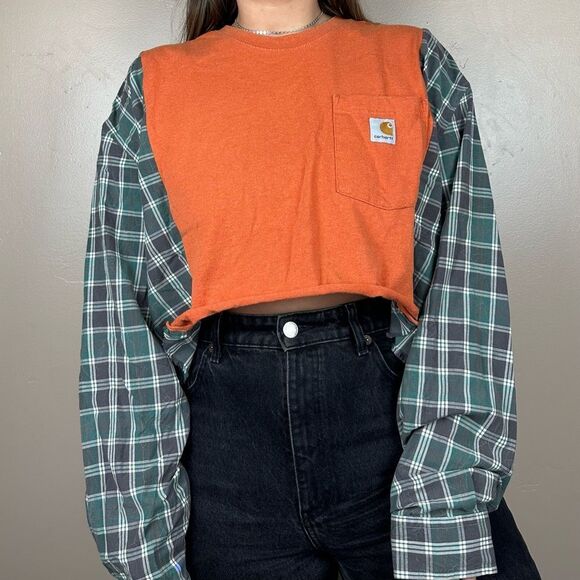 Reworked Carhartt Cropped Long Sleeve Orange Plaid Relaxed Streetwear Shirt Top - Picture 3 of 4